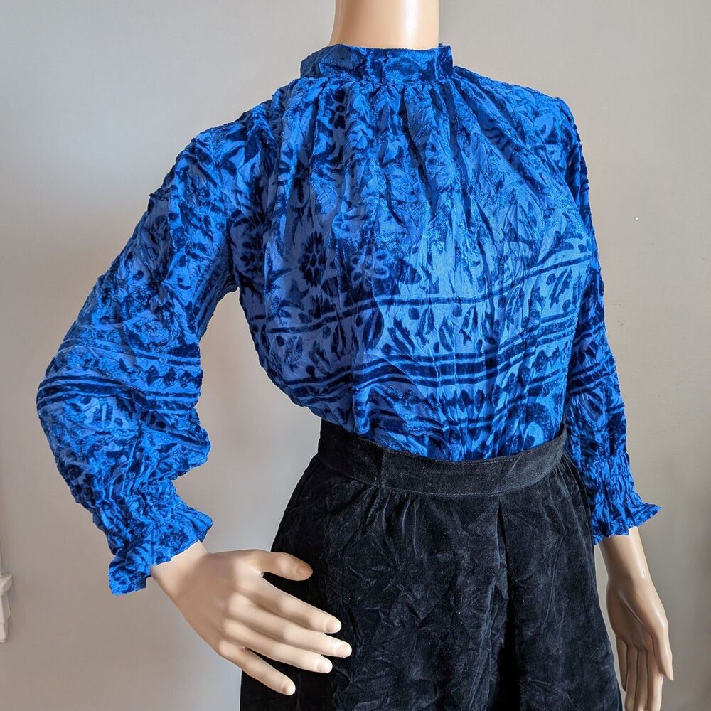Vintage Handmade Blue Velvet Burnout Top Mock Neck Blouse Size Small